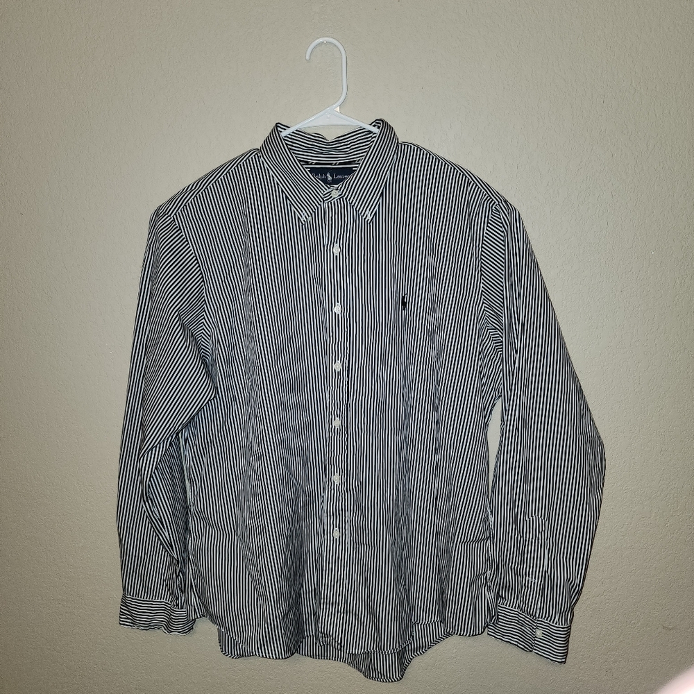Vintage Ralph Lauren Shirt Men XXL Black White Pinstriped Custom Fit Button Down